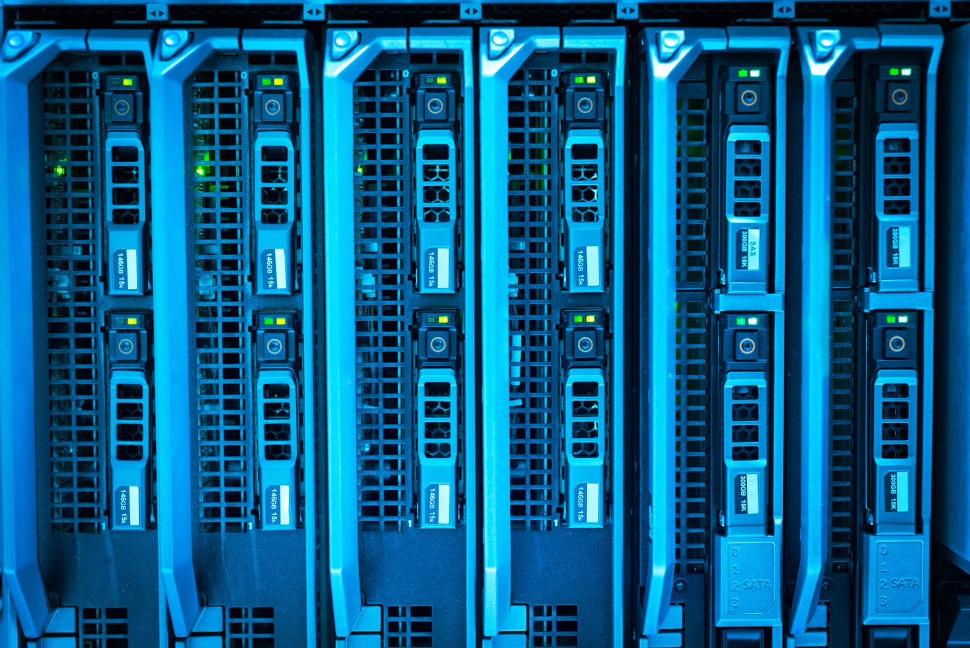 Blue-lit enterprise server racks